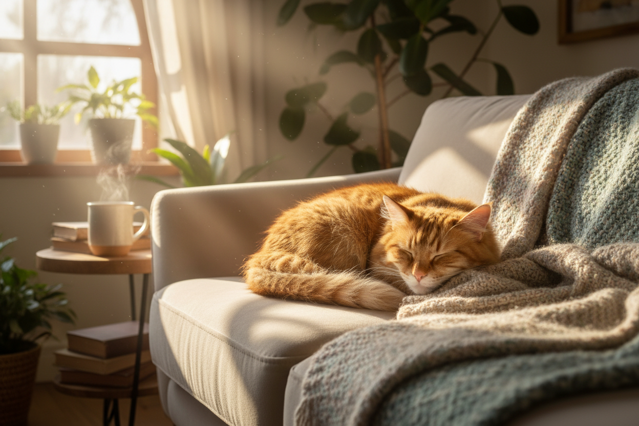 a cat sleeping on sofa, morning lighting
